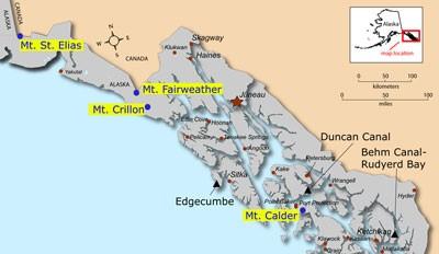 Index map showing the locations of Mt. Saint Elias, Mt. Crillon, Mt. Fairweather, and Mt. Calder in southeast Alaska. None of these features are volcanic, although old accounts may erroneously label them as such.