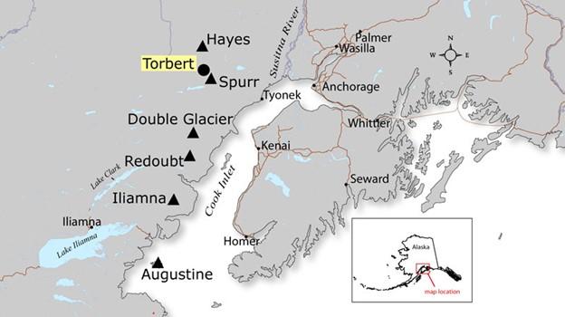 Index map showing location of Mt. Torbert, in south-central Alaska. Although Torbert is not a volcano, newspaper accounts in 1953 erroneously said it was erupting. Instead, only nearby Mount Spurr was erupting.