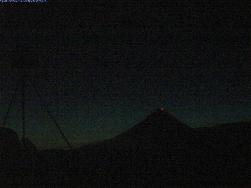 Glow at the summit of Shishaldin from lava fountaining that started just after sunset on October 2 (9:31 pm AKDT). Visible from the AVO web camera on the south flank of Isanotski.