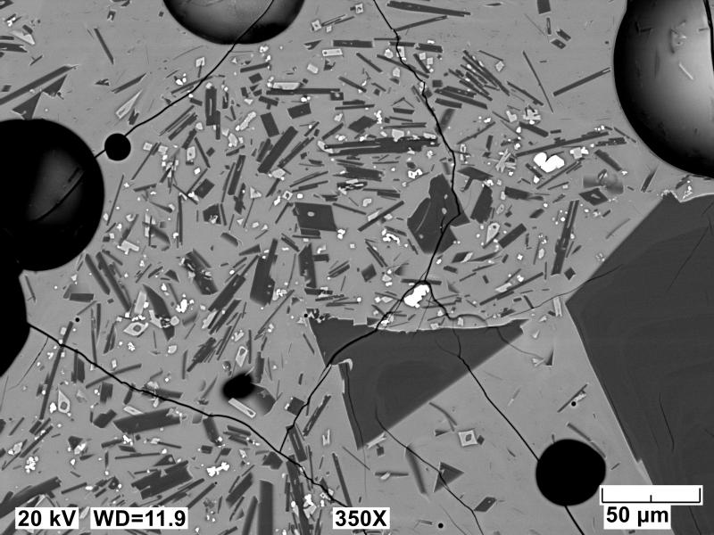 Backscatter electron images (BSE) of polished sections of tephra erupted from Shishaldin in 2023 and collected near AVO station ISNN northeast of the volcano. Sample has a vesicular, microlitic matrix with plagioclase (dark gray) and olivine (light gray). Micro-scale variations in microlite abundance are visible across this field of view.