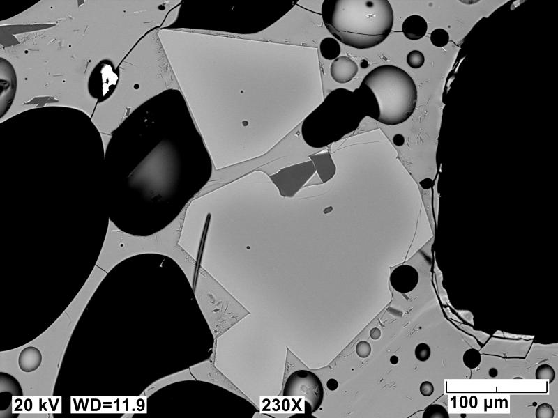 Backscatter electron images (BSE) of polished sections of tephra erupted from Shishaldin in 2023 and collected near AVO station ISNN northeast of the volcano. Sample has a vesicular, glassy matrix with plagioclase (dark gray) and olivine (light gray). Minerals in the center of the image are euhedral and normally zoned olivine.