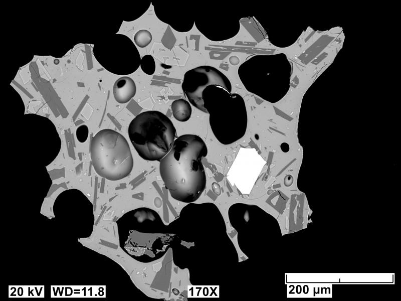 Backscatter electron images (BSE) of polished sections of tephra erupted from Shishaldin in 2023 and collected in False Pass, AK, during event 10. Sample has a vesicular, glassy matrix with plagioclase (dark gray), olivine (light gray), and Fe-Ti oxide (white). 