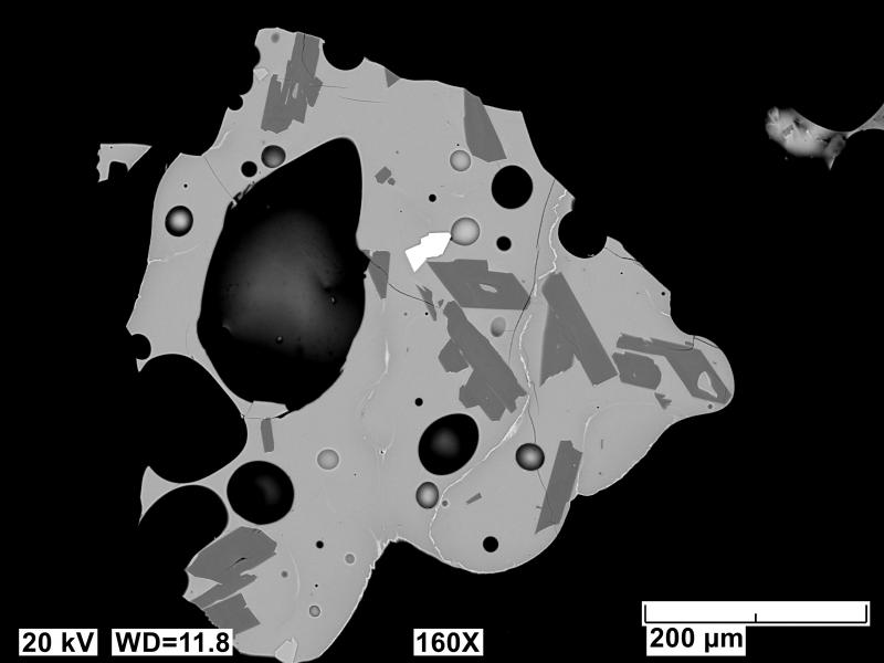 Backscatter electron images (BSE) of polished sections of tephra erupted from Shishaldin in 2023 and collected near False Pass, AK, during event 10. Sample has a vesicular, glassy matrix with plagioclase (dark gray), olivine (light gray), and Fe-Ti oxide (white). 