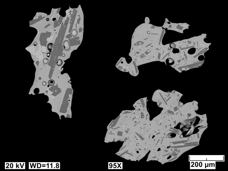 Backscatter electron images (BSE) of polished sections of tephra erupted from Shishaldin in 2023 and collected near False Pass, AK, during event 10. Sample has a vesicular, glassy matrix with plagioclase (dark gray) and olivine (light gray). 
