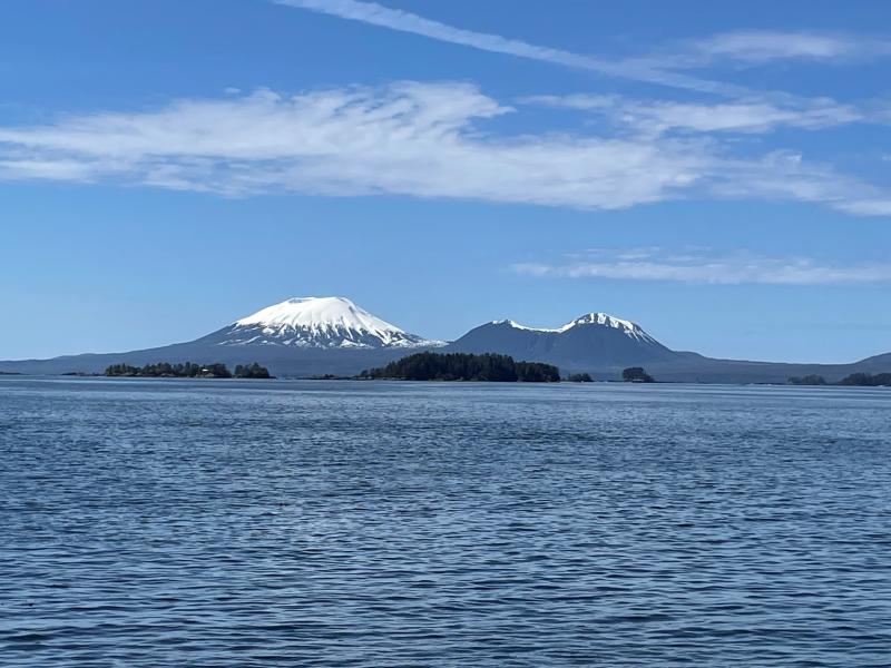 Early May 2023 view of Mount Edgecumbe and Crater Ridge from the parking lot of SeaMart in Sitka, AK. 