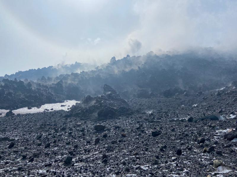 Surface of the active blocky lava flow field on Great Sitkin on September 1, 2023. Photo is looking towards the vent region and main degassing source on the lava flow.