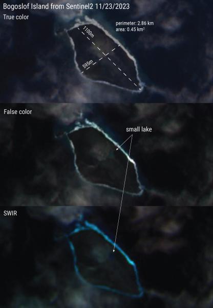 Annotated European Space Agency Sentinel-2 satellite imagery of Bogoslof Island (top: true color from bands 4,3,2; middle: false color from bands 8,4,3; bottom: short-wave infrared from bands 12, 8A, 4) showing no signs of volcanic unrest or signficiant surface changes since a seismic swarm that started on Oct 22 near the island has since subsided.