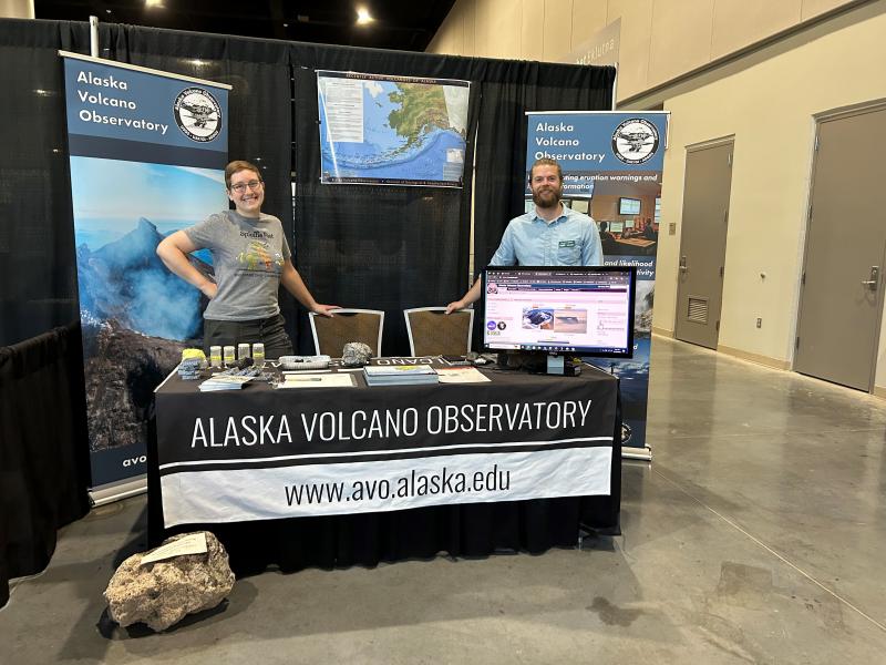 Alaska Volcano Observatory exhibit booth set up at Alaska Federation of Natives 2023 conference, October 18, 2023.