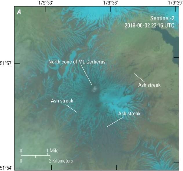 Sentinel-2 multispectral image from June 2, 2019 at 23:16 coordinated universal time (UTC), of Semisopochnoi Island, located in the Rat Islands, Alaska, showing a steam plume within the crater of the north cone of Mount Young. Small ash streaks radiate as far as 4 kilometers (km) from the crater.