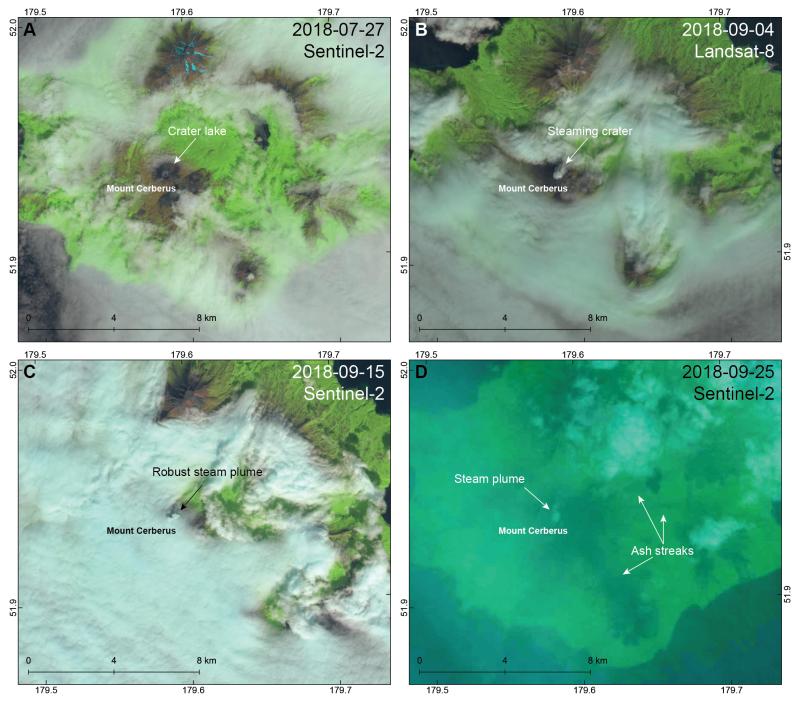 &ldquo;Natural Color&rdquo; multispectral satellite images of Semisopochnoi Island, in the Rat Islands, Alaska. A, Sentinel-2 image from July 27, 2018, showing a small lake within the crater of the north cone of Mount Young. B, Landsat-8 image from September 4, 2018, showing steaming from the crater. C, Sentinel-2 image from September 15, 2018, showing a small but robust steam plume from the crater. D, Sentinel-2 image from September 25, 2018, showing a steam plume from the crater and small, dark ash streaks extending as far as 6 kilometers to the east and southeast.