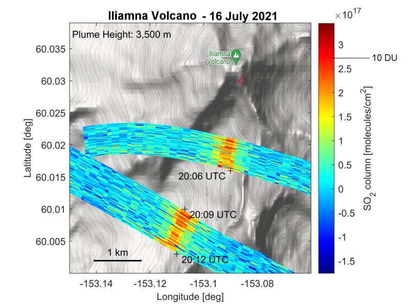 Airborne measurements taken on 16 July 2021 revealed a volcanic gas plume drifting south from degassing vents high on Iliamna Volcano&#039;s flank (red colors indicate higher measured SO&lt;sub&gt;2&lt;/sub&gt; concentrations of the volcanic plume). These conditions are characteristic of background activity at Iliamna Volcano.