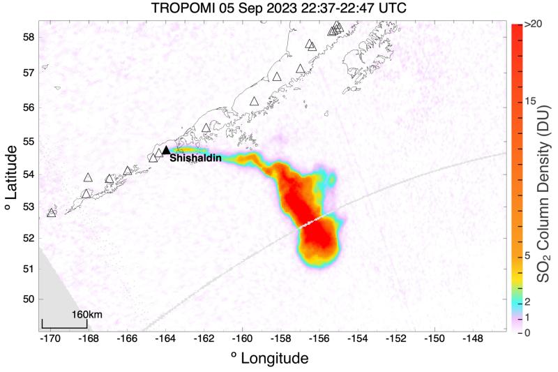 TROPOMI UV satellite data were used to detect and quantify SO&lt;sub&gt;2&lt;/sub&gt; emissions from Shishaldin Volcano during its 2023 eruption. The total mass of SO&lt;sub&gt;2&lt;/sub&gt; released during this eruption was calculated to be 23,000 metric tons. Image by Taryn Lopez. 