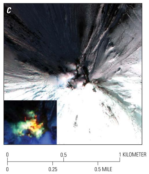Near-infrared satellite image showing the rejuvenated eruption of Shishaldin Volcano,
Alaska. WorldView-3 image acquired March 22, 2020 (22:32 UTC; 14:32 AKDT), showing steaming from the summit crater. Inset image (same scale) shows saturated SWIR bands in the summit crater.