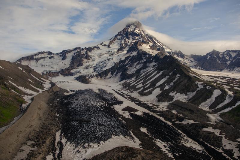 Isanotski Peaks from the north during 2024 fieldwork on Unimak Island.