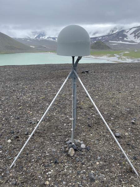 GPS monument near AVO site ANNQ in Aniakchak Caldera. Surprise Lake is visible in the background. Looking toward the W.