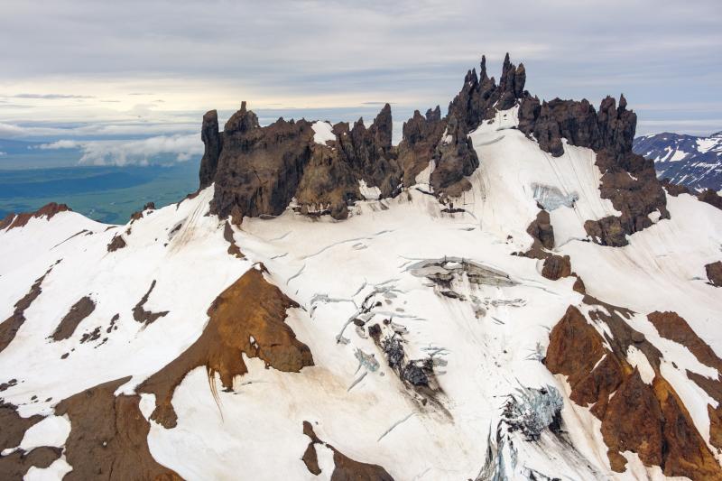 The Aghileen Pinnacles on the north side of Emmons Caldera.