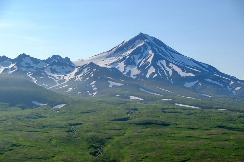 The north flank of Frosty Peak viewed during the morning while flying towards Unimak Island from Cold Bay, Alaska.