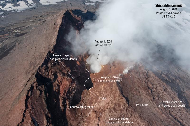 Annotated summit photo of Shishaldin Volcano, August 1, 2024. View is toward the southwestt. Photo by M. Loewen, USGS-AVO.