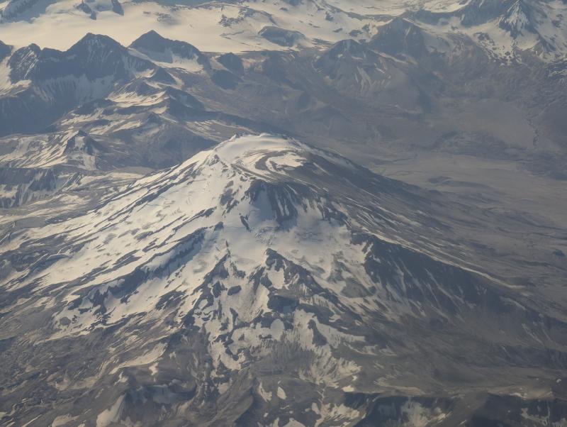 View of Griggs Volcano from the north, en route to Cold Bay aboard a commercial flight on July 22, 2024.