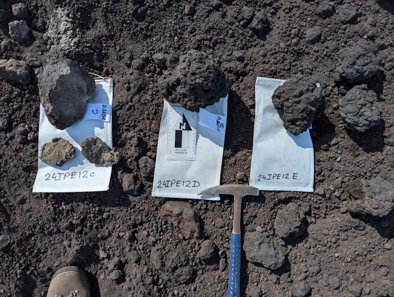 Samples collected from the 2023 Shishaldin eruption, event #12 pyroclastic flow,  including an olivine-plagioclase enclave (24IPE12c) and friable basaltic bombs with vesicular cores (24IPE12D and 24IPE12E).