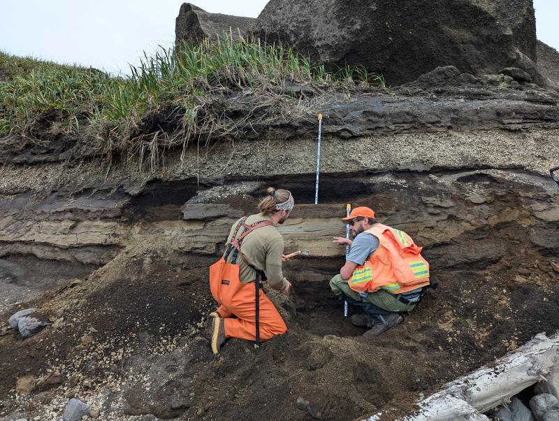 AVO geologists examine a coastal exposure at Lapin Cape, north of Shishaldin Volcano, during the 2024 summer fieldwork on Unimak Island.