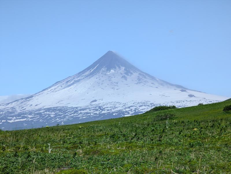 View of Shishaldin Volcano from the east on July 29, 2024, captured during AVO fieldwork on Unimak Island.