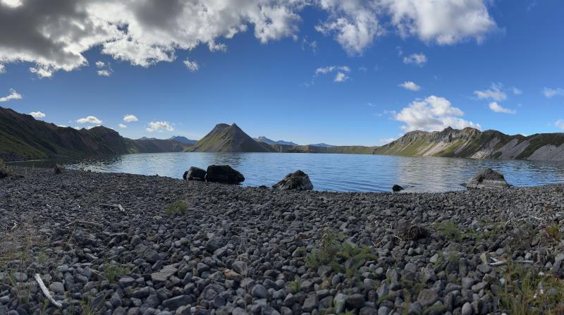Wide-angle view of Kaguyak caldera lake, taken from the northeast shore.