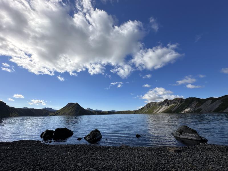 A view of Kaguyak Crater's caldera lake. Taken from the northeast shore.