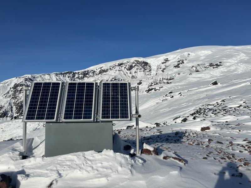 Seismic station WASW with the southwest slopes of Mount Wrangell in the background.