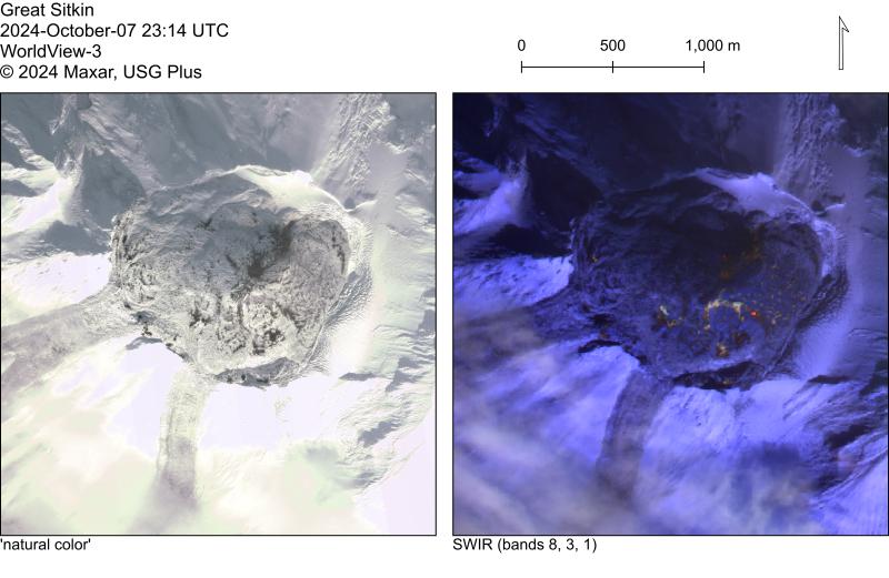 High resolution visible (left) and false color shortwave infrared (right) images of Great Sitkin on October 7, 2024. The active flow is visible as a partially snow-free lobe overtopping earlier flows to the northeast of the center. 