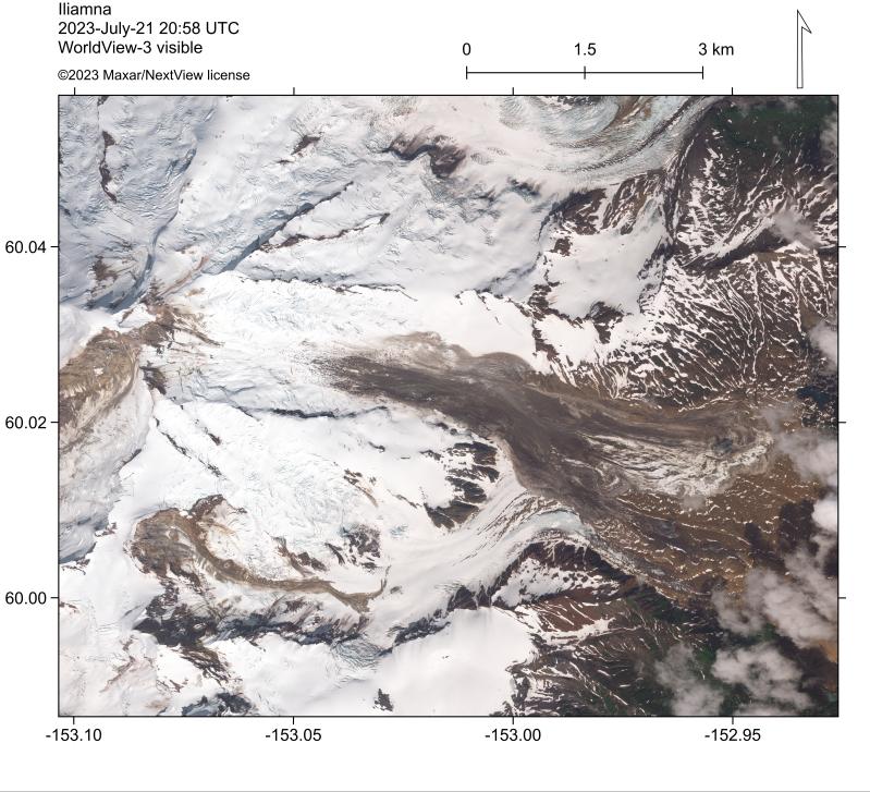 Visible satellite image form WorldView-3 in July 2023 showing a landslide deposit on the Red Glacier of Iliamna. The landslide occurred on June 5, 2023. Precursory seismicity from this landslide prompted the Alaska Volcano to briefly raise the Volcano Alert Level at Iliamna.