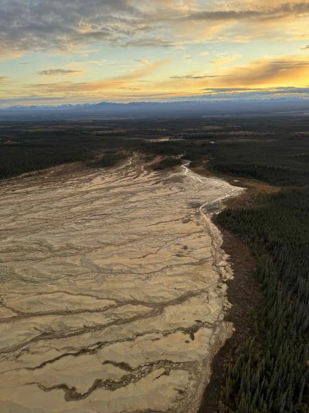 Aerial view of Lower Klawasi mud volcano outwash plain, September 26, 2024. Photo by Lee Zirnheld, AVO/DGGS.