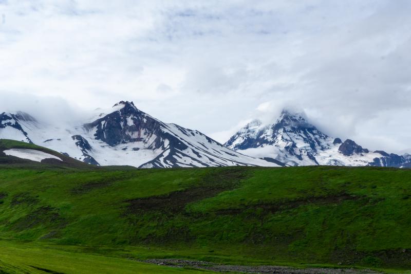 View of Isanotski volcano (right) and unnamed peak to the north of Roundtop volcano (left) from the northeast.