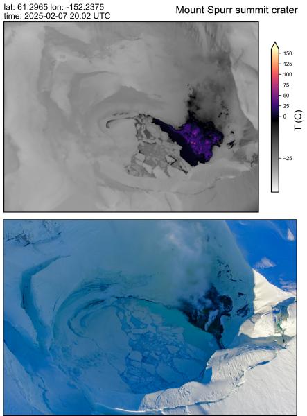View looking down into the summit crater of Mount Spurr on February 7, 2025 during a helicopter gas and photo survey. Top image is a Forward Looking Infrared (FLIR) image taken of the summit lake and a fumarole field on the north shore, with colors corresponding to temperatures on the scale bar. Gray colors represent temperatures at or below ambient air (-10 degrees Celsius). Bottom is an optical camera image from a similar perspective. Ice is floating on a blueish crater lake. A steaming snow-free fumarole field is visible on the north side of of the lake along with floating native sulfur on the lake surface.