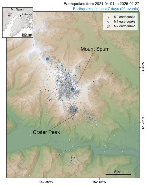 Map showing all earthquakes recorded within 25 km of Mt Spurr during the current unrest period from April 1, 2024 to February 27, 2025. Earthquakes within the past week (Feb 21&ndash;27, 2025) are highlighted in blue. Circles are scaled by earthquake magnitude.