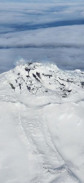 A view of Great Sitkin's summit crater and lava activity, taken from an Alaska airlines flight departing Adak for Anchorage. Some steaming and bare ground are visible where the flow is warm.