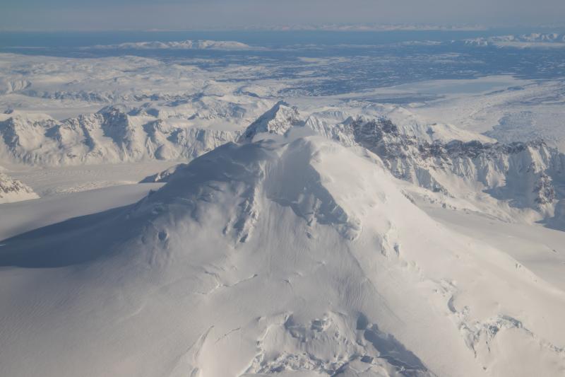 The summit of Mount Spurr, viewed from the southwest during a gas measurement flight on March 7th, 2025.