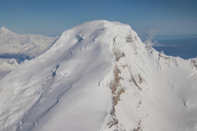 Iliamna Volcano, viewed from the southwest during a gas measurement flight on March 7th, 2025. Redoubt Volcano is visible to the north at the top left of the frame. 