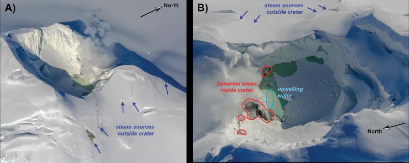 Annotated images from an AVO gas and photo survey of the Mount Spurr summit on March 21, 2025. The image (A) is looking at the summit crater from the east. Most steam is coming from fumaroles on the north shore of the lake. Several areas of steaming are visible outside of the crater at long-lived flank fumaroles and from several crevasses in the snow. The right panel (B) is a downward looking image into the crater. Fumarole areas on the shore of the lake are highlighted in red, and an area of upwelling water in the lake is circled in blue. The Mount Spurr summit is in the lower right of the image. The lake is about 150 m (500 feet) across. 