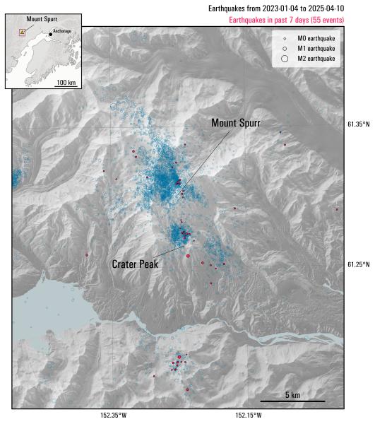 Map showing all earthquakes (blue) recorded within 25 km of Mount Spurr from January 4 2024 to April 11, 2025. Located earthquakes within the past week (April 4 - 11) are highlighted in red. Circles are scaled by earthquake magnitude.
