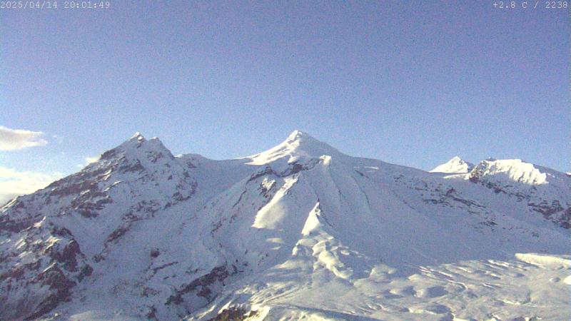 A webcam image from the new SPCR webcam taken yesterday, April 14 at 8:01 pm. The view shows Mount Spurr summit (center horizon) and Crater Peak (just below Spurr summit).