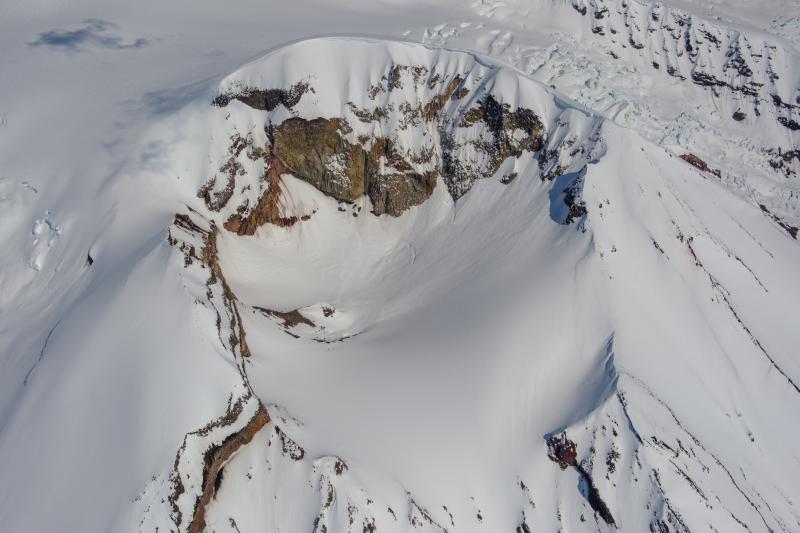 View into the south breach of Crater Peak's crater on an April 25 overflight and gas survey. 