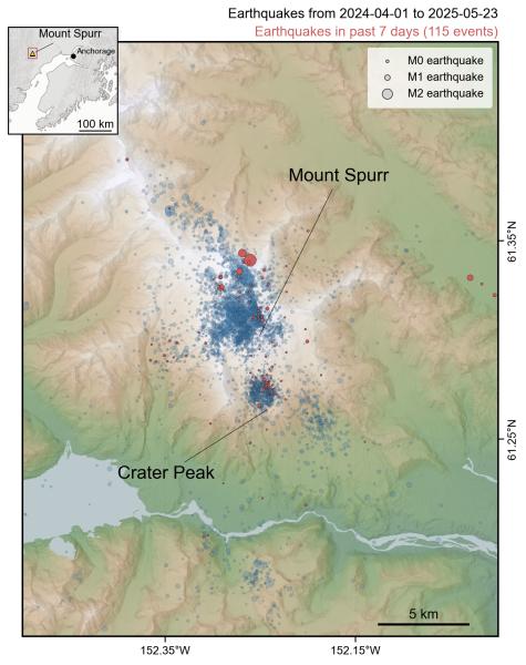 Map showing all earthquakes recorded within 25 km of Mount Spurr during the current unrest period from April 1, 2024 to May 23, 2025. Earthquakes within the past week  (May 16-23) are highlighted in red. Circles are scaled by earthquake magnitude.