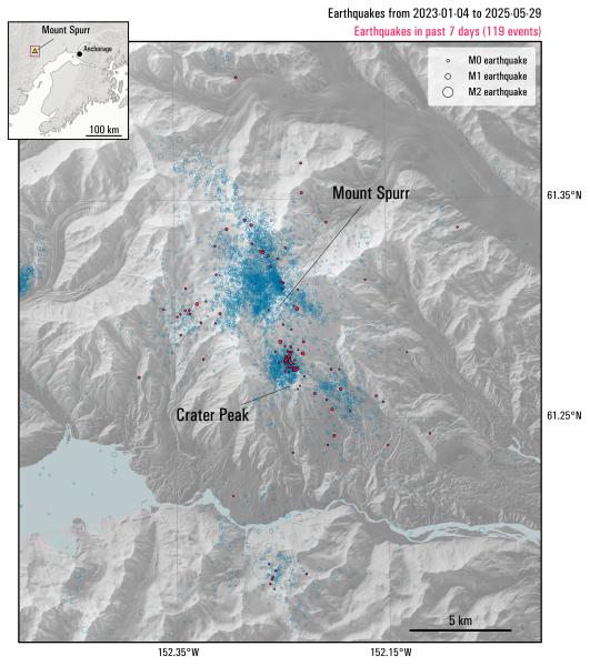 Map showing all earthquakes recorded within 25 km of Mount Spurr during the current unrest period from April 1, 2024 to May 30, 2025. Earthquakes within the past week (May 23-30) are highlighted in red. Circles are scaled by earthquake magnitude.