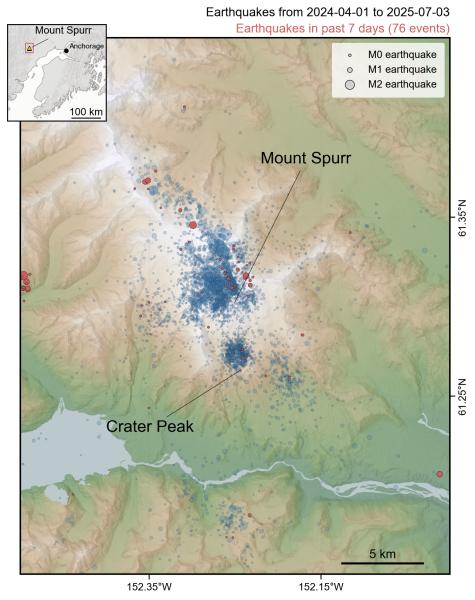 Map showing all earthquakes recorded within 25 km of Mount Spurr during the current unrest period from April 1, 2024 to July 3, 2025. Earthquakes within the past week (June 27 - July 3) are highlighted in red. Circles are scaled by earthquake magnitude.