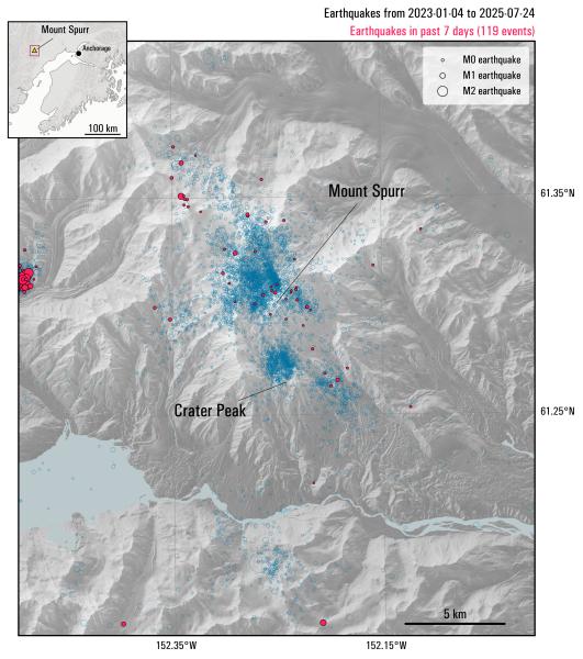 Map showing all earthquakes recorded within 25 km of Mount Spurr during the current unrest period from April 1, 2024 to July 24, 2025. Earthquakes within the past week (July 18 - July 24) are highlighted in red. Circles are scaled by earthquake magnitude. Most of the activity over the past week is the result of non-volcanic events associated with Pothole Glacier on the left side of the map.