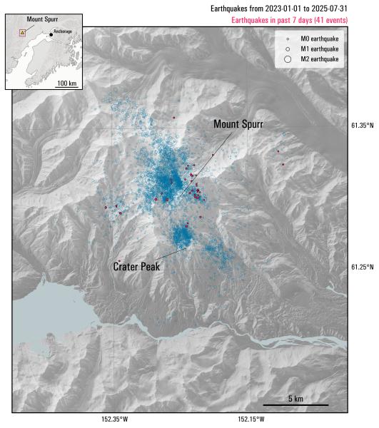 Map showing all earthquakes recorded within 10 km of Mount Spurr during the current unrest period from January 01, 2023 to August 01, 2025. Earthquakes within the past week Jul 25 - Aug 01 are highlighted in red. Circles are scaled by earthquake magnitude.
