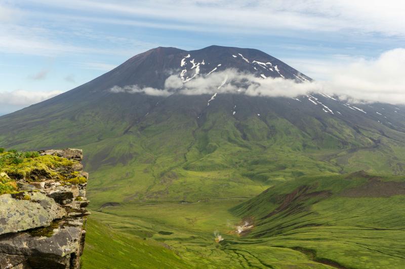 Korovin Volcano viewed from monitoring station KOWE. &quot;Old Steamy&quot; fumarole can be seen in the foreground. 