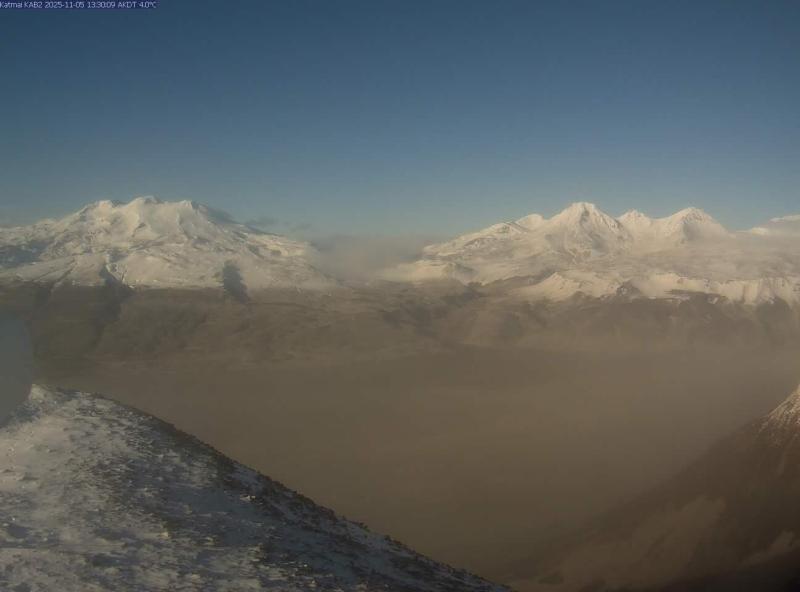 Still image from AVO webcam KAB2 showing resuspension of ash from the 1912 Novarupta eruption in Katmai National Park on November 5, 2025.