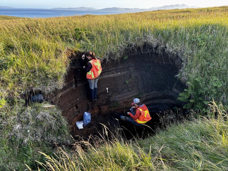 AVO geologists M. Coombs and H. Dietterich labeling the tephra section at station 25AAHD011. 